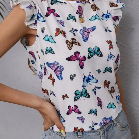 Butterfly Print Tie Back Butterfly Sleeve Blouse white - Picture 4 of 6